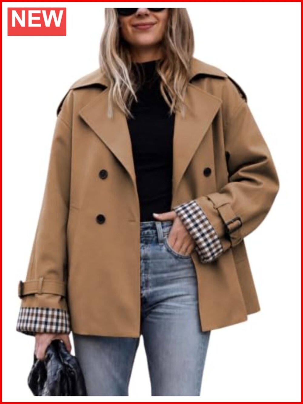 Women's Oversized Cropped Trench Coat Lapel Collar Double-Breasted